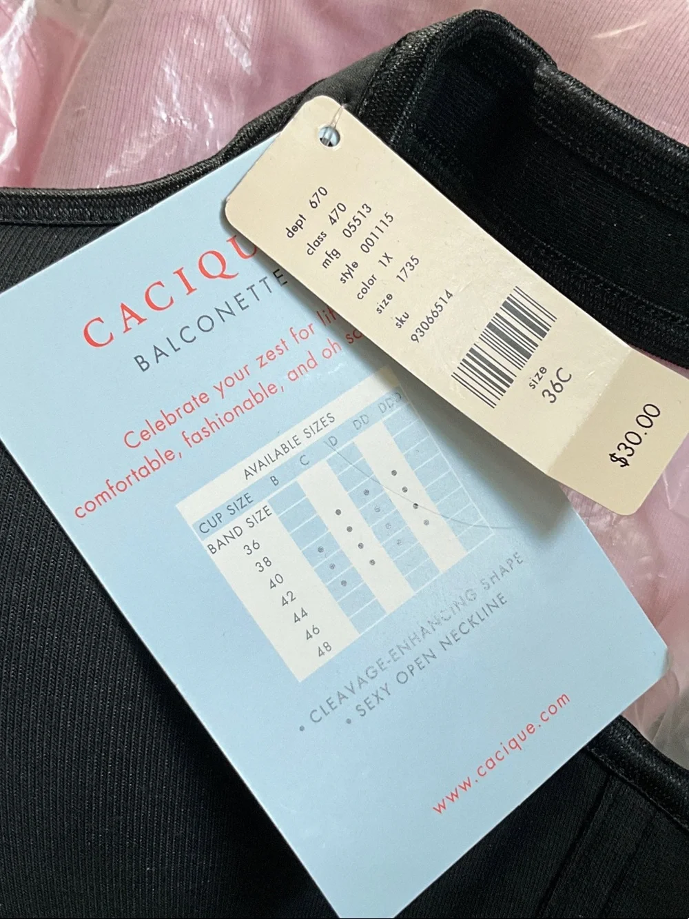 Cacique Black Balconette Bra with Pink Tag